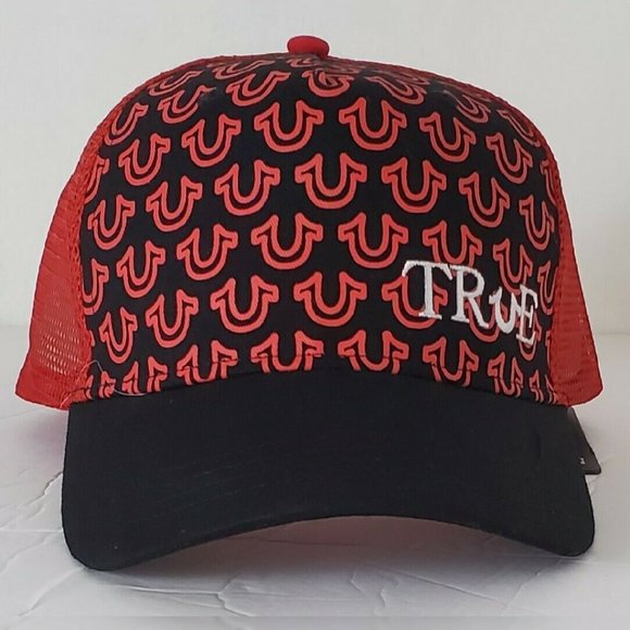 TRUE RELIGION ALLOVER HORSESHOE TRUE TRUCKER HAT MEN'S ADJUSTABLE OS BLACK/RED - Picture 7 of 10